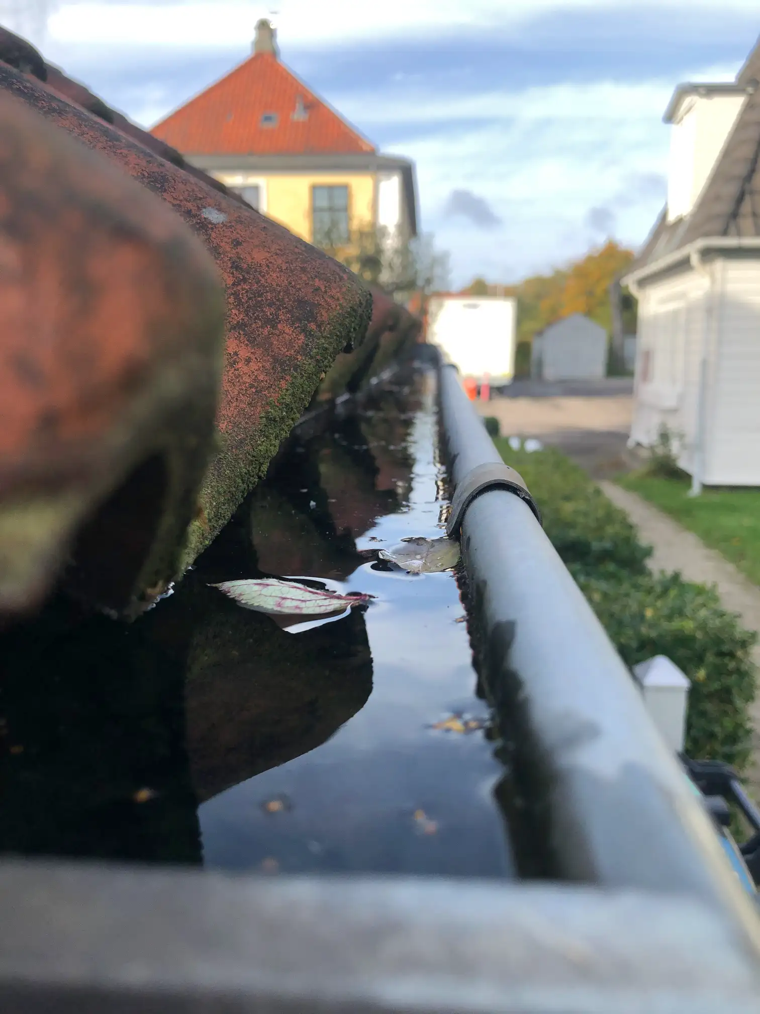 Clogged gutter with standing water indicating need for gutter repair.